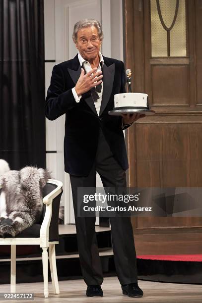 Spanish actor Arturo Fernandez celebrates his 89th Birthday on stage during the 'Alta Seduccion' Theater play at the Amaya Theater on February 21,...