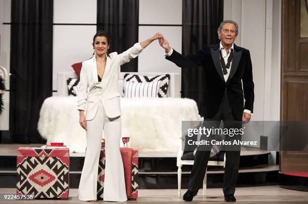 Spanish actor Arturo Fernandez celebrates his 89th Birthday on stage with actress Carmen del Valle during the 'Alta Seduccion' Theater play at the...