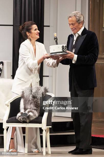 Spanish actor Arturo Fernandez celebrates his 89th Birthday on stage with actress Carmen del Valle during the 'Alta Seduccion' Theater play at the...