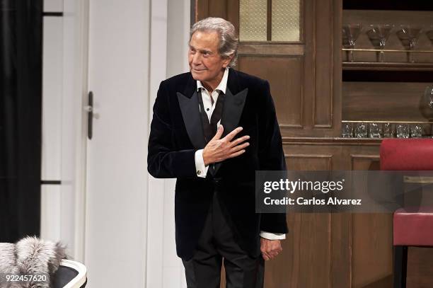 Spanish actor Arturo Fernandez celebrates his 89th Birthday on stage during the 'Alta Seduccion' Theater play at the Amaya Theater on February 21,...