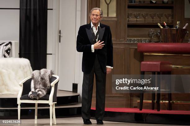 Spanish actor Arturo Fernandez celebrates his 89th Birthday on stage during the 'Alta Seduccion' Theater play at the Amaya Theater on February 21,...