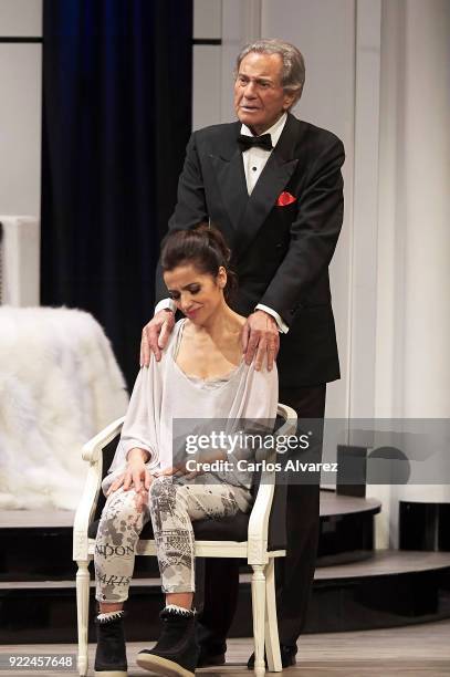 Spanish actor Arturo Fernandez celebrates his 89th Birthday on stage with actress Carmen del Valle during the 'Alta Seduccion' Theater play at the...