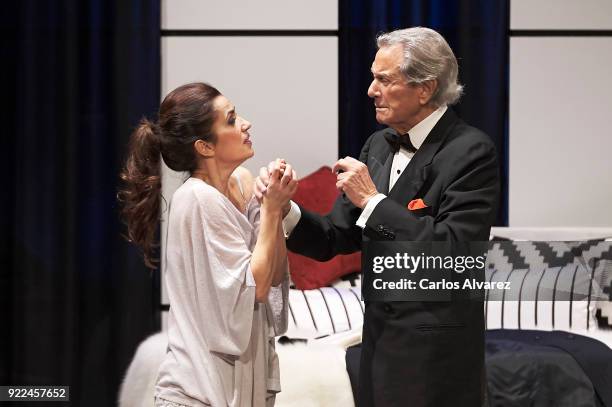 Spanish actor Arturo Fernandez celebrates his 89th Birthday on stage with actress Carmen del Valle during the 'Alta Seduccion' Theater play at the...