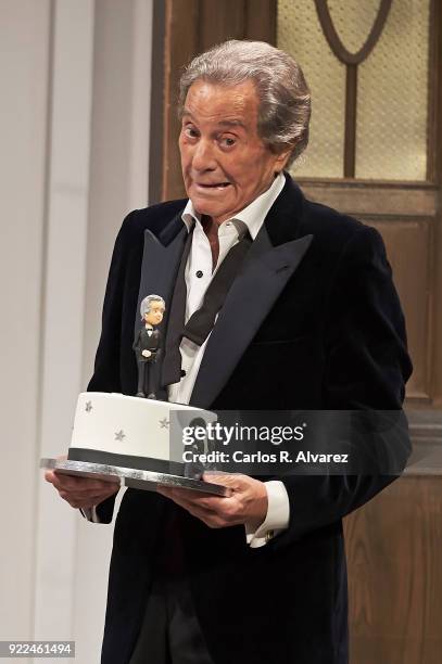 Spanish actor Arturo Fernandez celebrates his 89th Birthday on stage during the 'Alta Seduccion' Theater play at the Amaya Theater on February 21,...