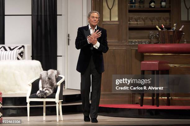 Spanish actor Arturo Fernandez celebrates his 89th Birthday on stage during the 'Alta Seduccion' Theater play at the Amaya Theater on February 21,...