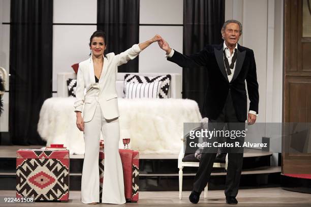 Spanish actor Arturo Fernandez celebrates his 89th Birthday on stage with actress Carmen del Valle during the 'Alta Seduccion' Theater play at the...