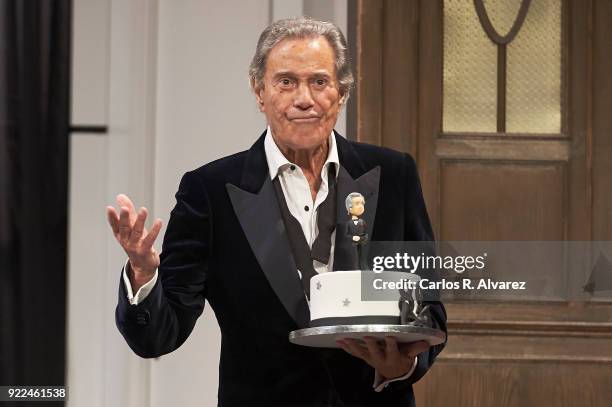 Spanish actor Arturo Fernandez celebrates his 89th Birthday on stage during the 'Alta Seduccion' Theater play at the Amaya Theater on February 21,...