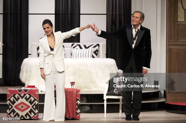 Spanish actor Arturo Fernandez celebrates his 89th Birthday on stage with actress Carmen del Valle during the 'Alta Seduccion' Theater play at the...