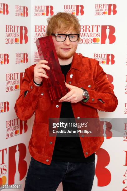 Ed Sheeran, winner of the Global Success 2018 award, poses in the winners room during The BRIT Awards 2018 held at The O2 Arena on February 21, 2018...