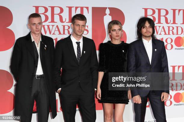 Theo Ellis, Joff Oddie, Ellie Rowsell and Joel Amey of Wolf Alice attend The BRIT Awards 2018 held at The O2 Arena on February 21, 2018 in London,...