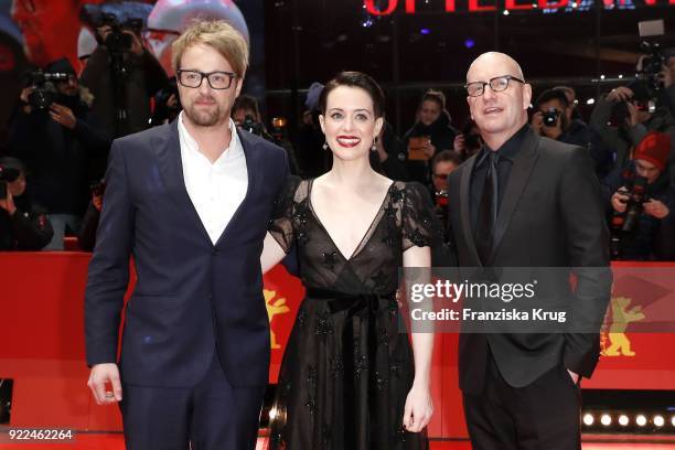 Joshua Leonard, Claire Foy and Steven Soderbergh attend the 'Unsane' premiere during the 68th Berlinale International Film Festival Berlin at...