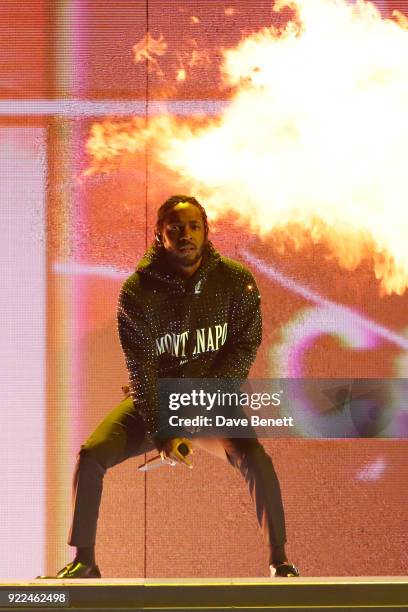 Kendrick Lamar peforms at The BRIT Awards 2018 held at The O2 Arena on February 21, 2018 in London, England.