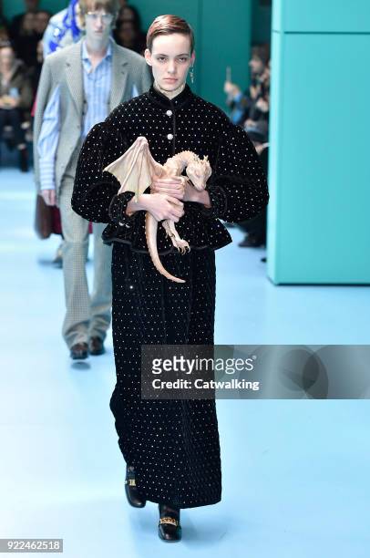 Model walks the runway at the Gucci Autumn Winter 2018 fashion show during Milan Fashion Week on February 21, 2018 in Milan, Italy.