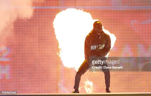 Kendrick Lamar peforms at The BRIT Awards 2018 held at The O2 Arena on February 21, 2018 in London, England.
