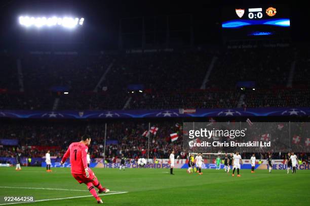 Sergio Rico of Sevilla FC takes a free-kick during the UEFA Champions League Round of 16 First Leg match between Sevilla FC and Manchester United at...