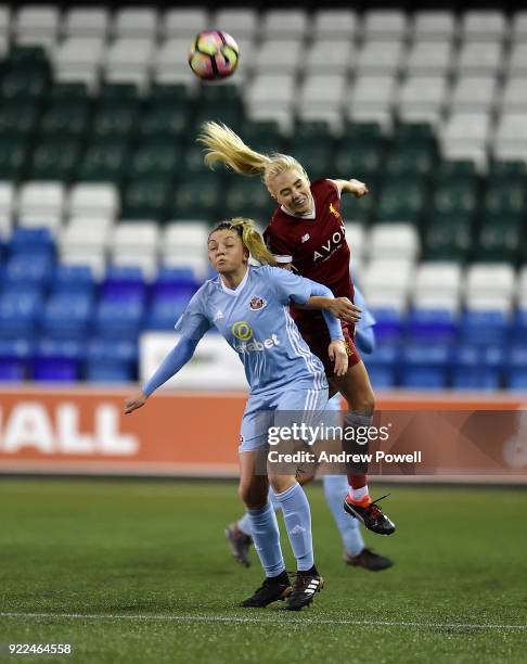 Alex Greenwood of Liverpool Ladies goes up with of Sunderland Ladies during the FA WSL match between Liverpool Ladies and Sunderland Ladies at Select...