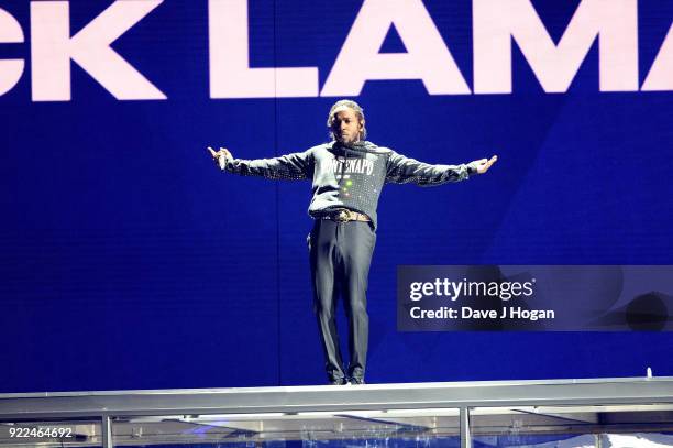 Kendrick Lamar performs on stage at The BRIT Awards 2018 held at The O2 Arena on February 21, 2018 in London, England.