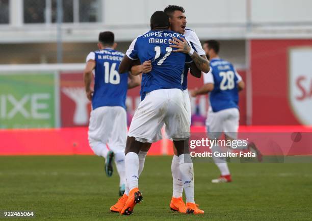 Porto forward Tiquinho Soares from Brazil celebrates with teammate FC Porto forward Moussa Marega from Mali after scoring a goal during the Primeira...