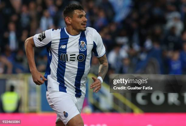 Porto forward Tiquinho Soares from Brazil celebrates after scoring a goal during the Primeira Liga match between GD Estoril Praia and FC Porto at...