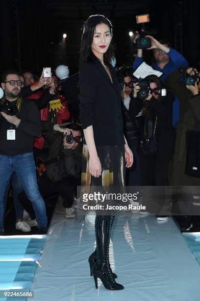 Liu Wen attends the Moschino show during Milan Fashion Week Fall/Winter 2018/19 on February 21, 2018 in Milan, Italy.