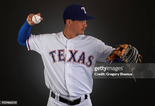 Darwin Barney of the Texas Rangers poses during Texas Rangers Photo Day at the Surprise Stadium training facility on February 21, 2018 in Surprise,...