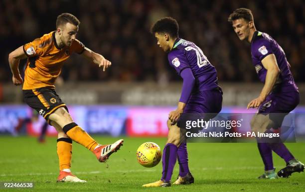 Wolverhampton Wanderers' Diogo Jota shot at goal is blocked by Norwich City's Jamal Lewis during the Sky Bet Championship match at Molineux,...