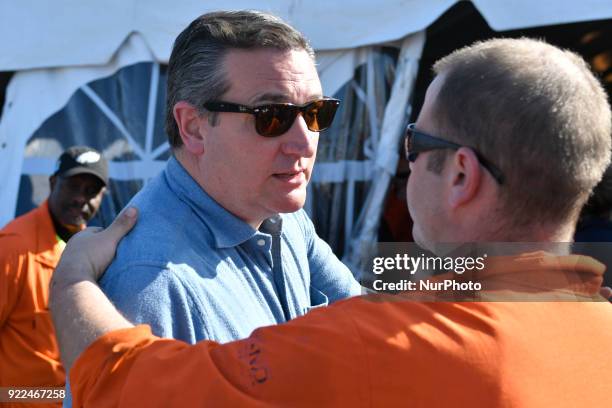 Workers greet Senator Ted Cruz upon arrival at the refinery of Philadelphia Energy Solutions, in South Philadelphia, PA, on February 21, 2018.