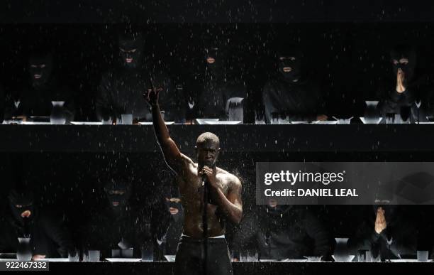 British grime and hip-hop artist Stormzy performs during the BRIT Awards 2018 ceremony and live show in London on February 21, 2018. / RESTRICTED TO...