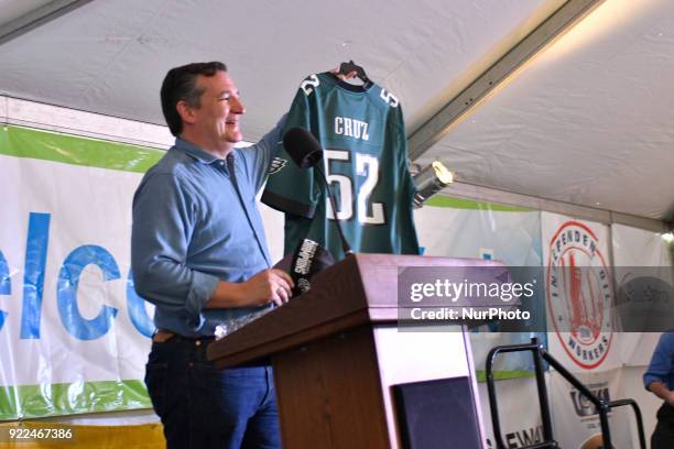 Senator Ted Cruz receives a Philadelphia Eagles jersey during a visit of Philadelphia Energy Solutions, in South Philadelphia, PA, on February 21,...