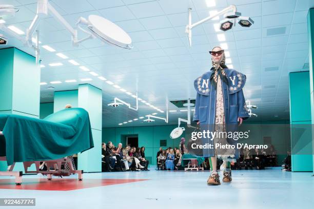 Model walks the runway at the Gucci show during Milan Fashion Week Fall/Winter 2018/19 on February 21, 2018 in Milan, Italy.