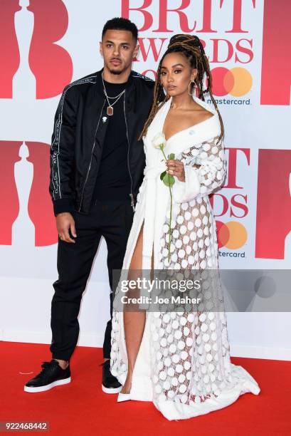 Andre Gray and Leigh-Anne Pinnock attend The BRIT Awards 2018 held at The O2 Arena on February 21, 2018 in London, England.