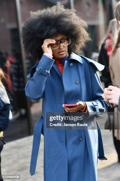 Julia Sarr-Jamois is seen leaving the Gucci show during Milan Fashion Week Fall/Winter 2018/19 on February 21, 2018 in Milan, Italy.