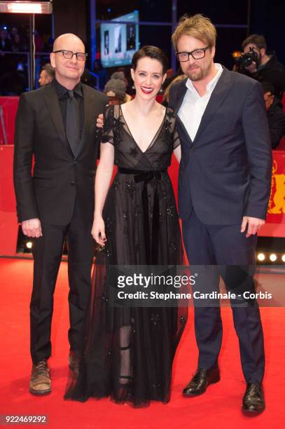 Steven Soderbergh, Claire Foy and Joshua Leonard attend the 'Unsane' premiere during the 68th Berlinale International Film Festival Berlin at...