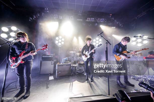 Carl-Johan Fogelklou, Bjorn Dixgard and Jens Siverstedt of Mando Diao perform in concert at Sala Apolo on February 21, 2018 in Barcelona, Spain.
