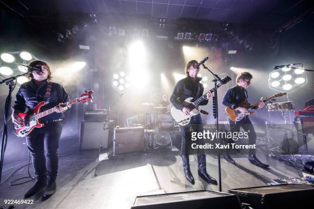 Carl-Johan Fogelklou, Bjorn Dixgard and Jens Siverstedt of Mando Diao perform in concert at Sala Apolo on February 21, 2018 in Barcelona, Spain.