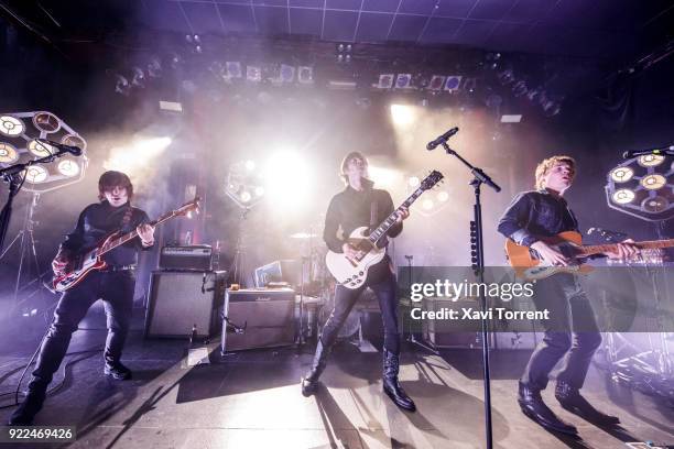 Carl-Johan Fogelklou, Bjorn Dixgard and Jens Siverstedt of Mando Diao perform in concert at Sala Apolo on February 21, 2018 in Barcelona, Spain.