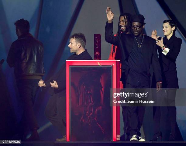 Damon Albarn and Gorillaz on stage at The BRIT Awards 2018 held at The O2 Arena on February 21, 2018 in London, England.