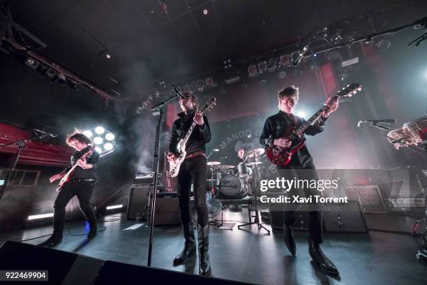 Carl-Johan Fogelklou, Bjorn Dixgard and Jens Siverstedt of Mando Diao perform in concert at sala Apolo on February 21, 2018 in Barcelona, Spain.