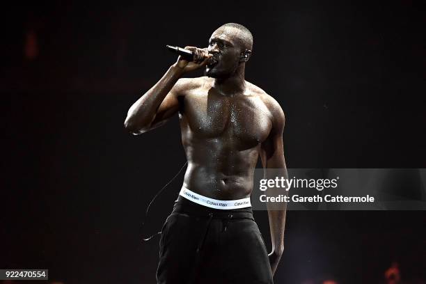 Stormzy performs at The BRIT Awards 2018 held at The O2 Arena on February 21, 2018 in London, England.