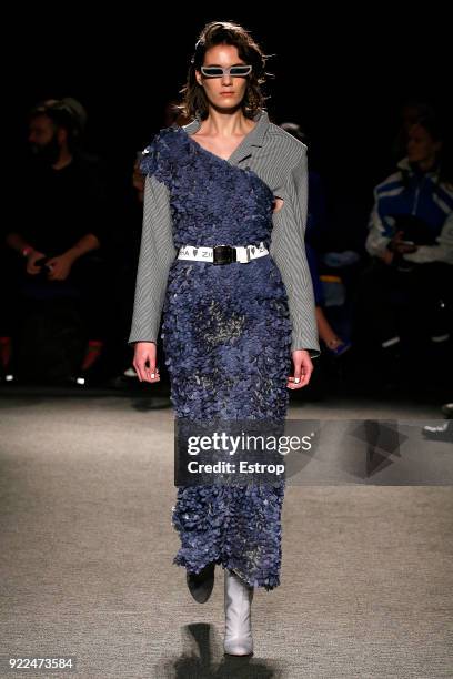 Model walks the runway at the Natasha Zinko show during London Fashion Week February 2018 at The Queen Elizabeth II Conference Centre on February 20,...