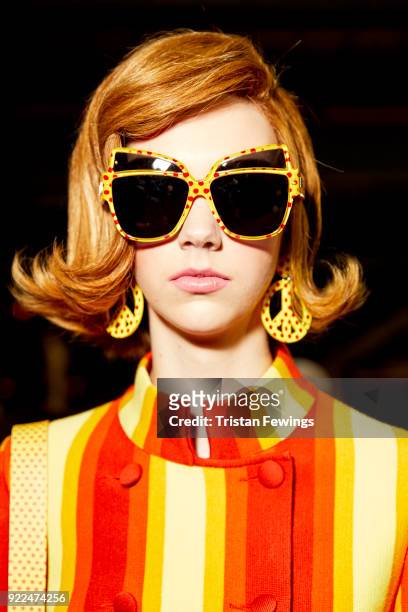 Model is seen backstage ahead of the Moschino show during Milan Fashion Week Fall/Winter 2018/19 on February 21, 2018 in Milan, Italy.