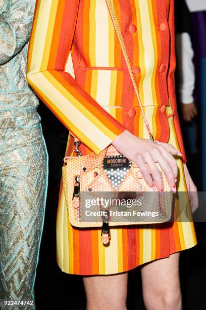 Model, detail, is seen backstage ahead of the Moschino show during Milan Fashion Week Fall/Winter 2018/19 on February 21, 2018 in Milan, Italy.
