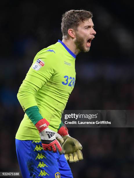 Felix Wiedwald of Leeds United looks on during the Sky Bet Championship match between Derby County and Leeds United at iPro Stadium on February 21,...