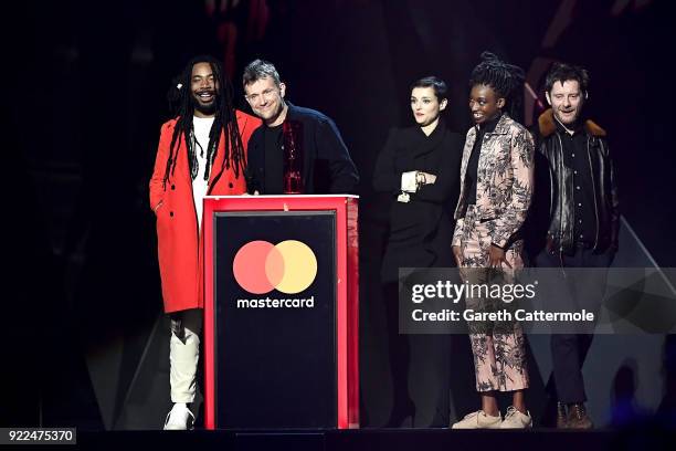 Damon Albarn and Gorillaz, winner of the British Group award, on stage at The BRIT Awards 2018 held at The O2 Arena on February 21, 2018 in London,...