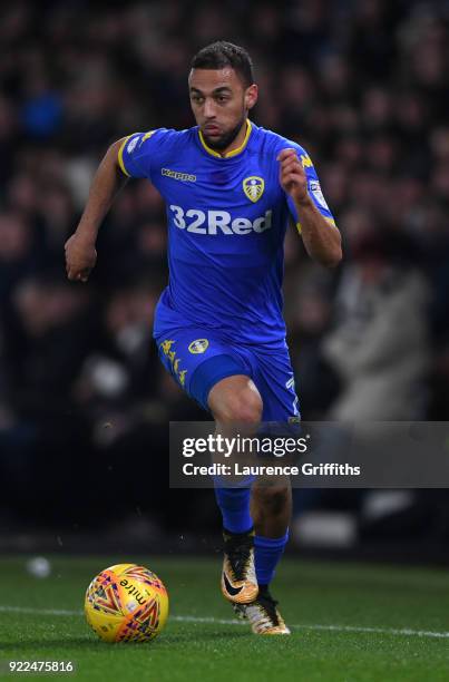 Kemar Roofe of Leeds United runs with the ball during the Sky Bet Championship match between Derby County and Leeds United at iPro Stadium on...