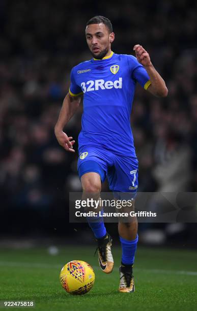 Kemar Roofe of Leeds United runs with the ball during the Sky Bet Championship match between Derby County and Leeds United at iPro Stadium on...