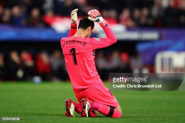 Sergio Rico of Sevilla FC reacts during the UEFA Champions League Round of 16 First Leg match between Sevilla FC and Manchester United at Estadio...