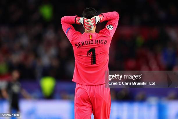 Sergio Rico of Sevilla FC reacts during the UEFA Champions League Round of 16 First Leg match between Sevilla FC and Manchester United at Estadio...