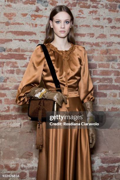 Model Sarah Dahl is seen backstage ahead of the Alberta Ferretti show during Milan Fashion Week Fall/Winter 2018/19 on February 21, 2018 in Milan,...