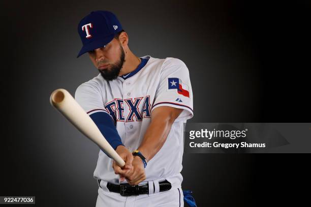 Robinson Chirinos of the Texas Rangers poses during Texas Rangers Photo Day at the Surprise Stadium training facility on February 21, 2018 in...